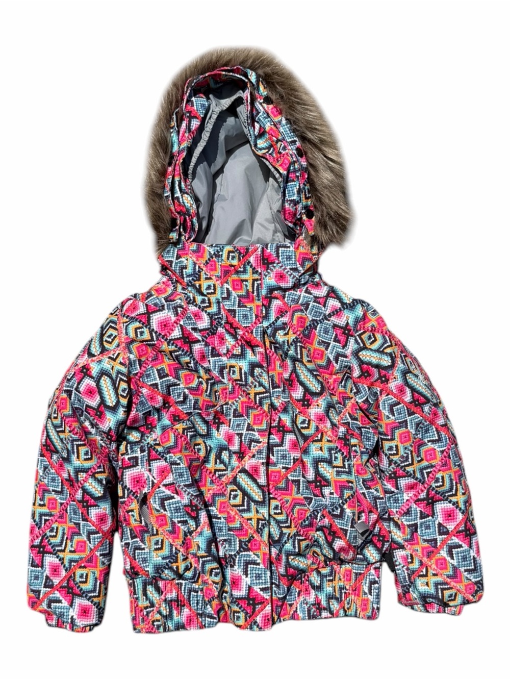 Spyder Kids 4 Multicolor Geo-Print Puffer Ski Jacket Faux-Fur Hood Insulated